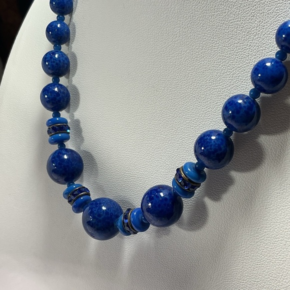Vintage Czech Blue Peking Lapis Glass Bead Necklace Graduated - Picture 4 of 8